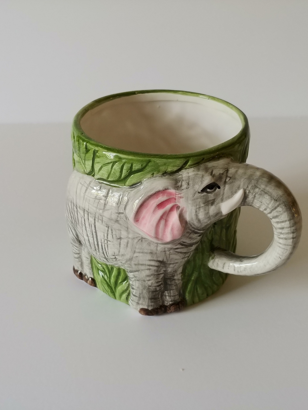 Lillian Vernon Elephant Mug with Gray Animal Green Foliage Relief